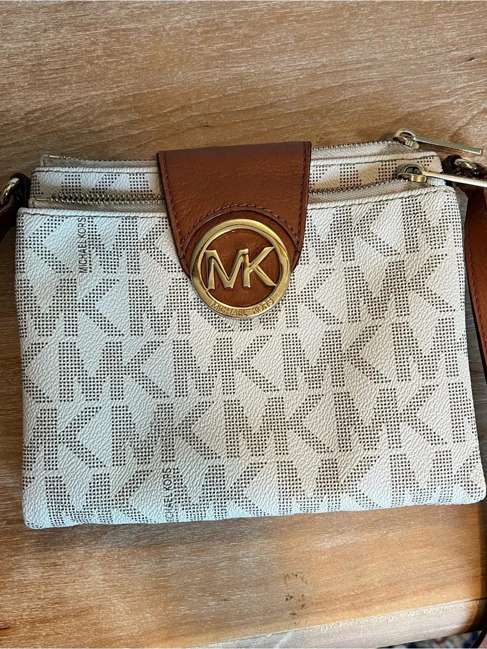 Michael Kors Cream and Brown MK Logo Crossbody Bag